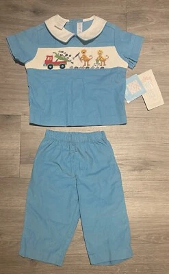 New Vive La Fete Boys Monkey Construction Hand Smocked Blue Size 12M - Image 1 of 4