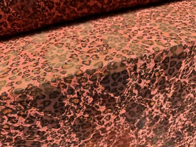 Stretch Spandex Mesh Lace Fabric, Per Metre - Leopard Animal Print - Coral Pink - Image 1 of 3