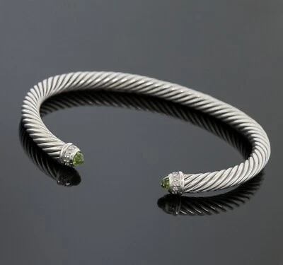 David Yurman 5mm Cable Classics Bracelet Green Peridot Diamond Sterling Silver - Image 1 of 4