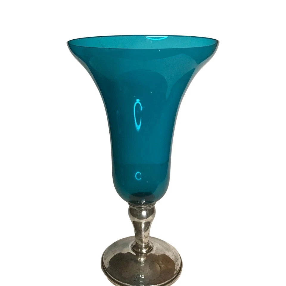 Jarrón vintage MCM Gorham de plata esterlina y vidrio azul de 9,5" de alto elegante decoración del hogar Foto 1 de 4