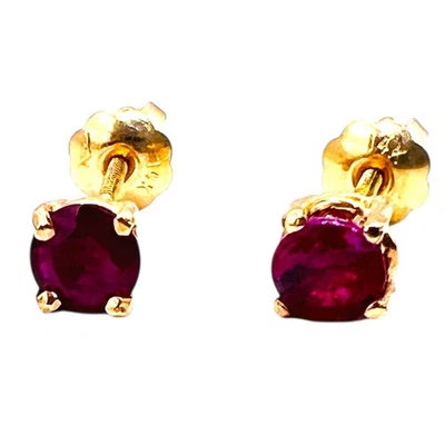Brincos de ouro amarelo 14k sólido rubi vermelho natural 4 mm redondo parafuso traseiro - Imagem 1 de 4