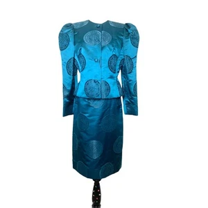 Tuta giacca gonna verde acqua sartoriale ispirazione asiatica vintage anni 80 taglia small - Foto 1 di 12