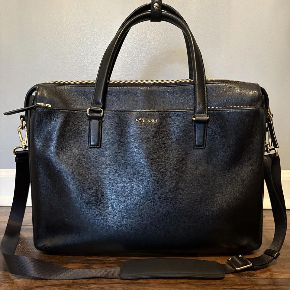TUMI Voyageur Chandler Business Briefcase Black Leather and Gold Hardware - Image 1 of 4