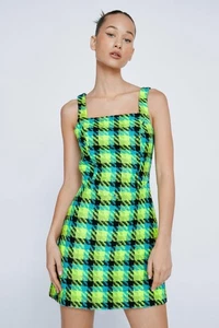 Nastygal Womens Mini Dress Multi Petite Premium Boucle Tailored Plaid Pattern - Picture 1 of 4