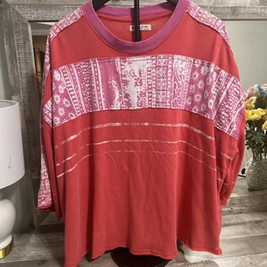 We the Free Top Boho Pink Red Relaxed Distressed 3/4 Sleeve, Oversized Read - Picture 1 of 8