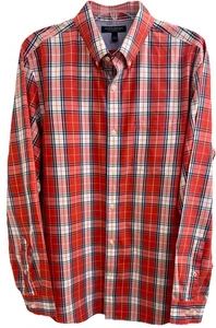 BANANA REPUBLIC Large Slim Fit Soft Wash Button Up Coral,Blue&White Plaid Cotton - Picture 1 of 15