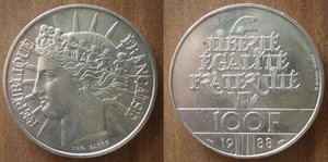 France 100 Francs 1988 Silver Coin Fraternity Liberty Equality Free Ship Wld - Picture 1 of 3