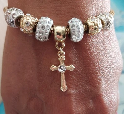 Berloque cruz corrente cobra dourado/silvertone com pulseira de strass 8 polegadas. - Imagem 1 de 4