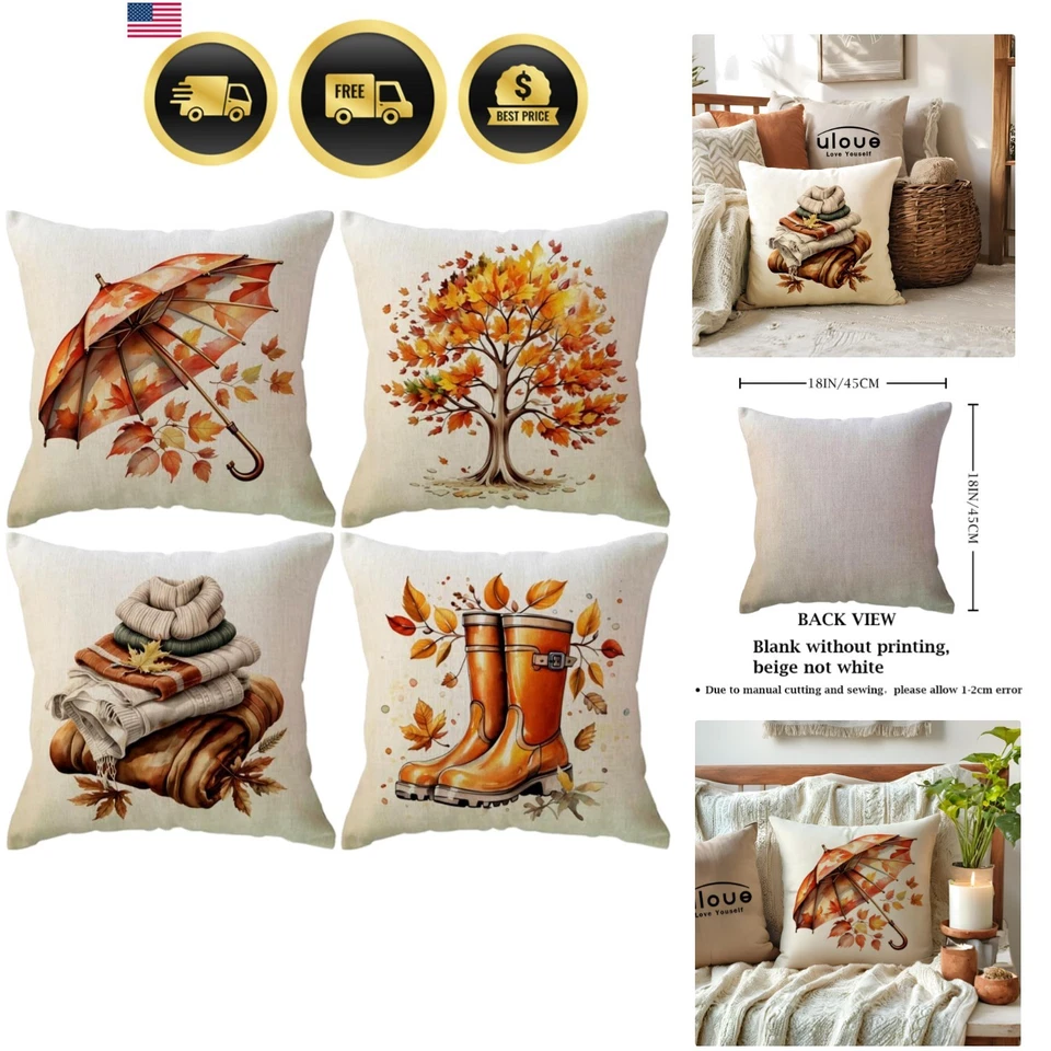 4PCS Fall Pillow Covers 18x18 Inch Maple Tree Umbrella Cozy Scarf Harvest Decor - Image 1 of 4