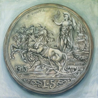 5 Lire 1914 PROVA di Stampa – Quadriga Briosa - Opera con Perizia - Quadro 50x50 - Immagine 1 di 4