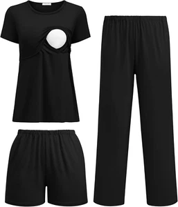 3 Piece Postpartum Nursing Pajamas Set Short Sleeve Breastfeeding Shirts Pregnan - Picture 1 of 22