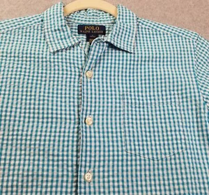 POLO RALPH LAUREN Button Up Shirt Boy's Large 14 16 Blue White Check Seersucker - Picture 1 of 12