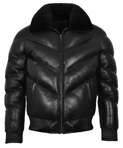 Herren Ace Puffer Lederjacke schwarz Lammfell weicher Kragen WARM Bomberjacke - Bild 1 von 4