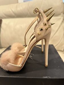 Authentic Giuseppe Zanotti High-Heel Ankle-Strap Sandal with Fur Detail Sz 5.5