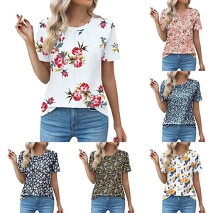 Summer Womens Casual Crew Neck Tops Short Sleeve Pleated Blouses Laies Clothes - Picture 1 of 45