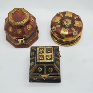 3 Vintage Style Crafted Wood & Brass Fitted Jewellery / Trinket Boxes 23k Gold - Picture 1 of 11