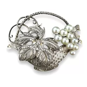 JAPANISCHE Sterling Silber Blume KORB Perle Antik Selten Japan 925 Brosche - Bild 1 von 5