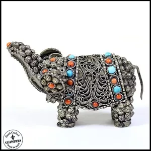 Statuina scultura elefante artigianale argento sterling 925 decorazione casa ~ 64 grammi - Foto 1 di 6