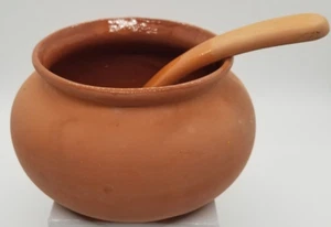 Terra Cotta Glazed Ceramic Salsa Soup Bowl Matching Spoon Vintage 5"x3" - Picture 1 of 3