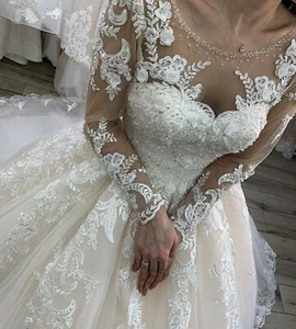Vestido de novia de encaje Mikado 32-48 talla grande marfil con mangas - Imagen 1 de 6