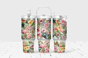 Floral Flamingo 30 Oz Flip Straw Tumbler With Handle - Picture 1 of 1