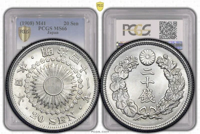 JAPAN, Meiji, 20 Sen 1908, year 41, Choice!, PCGS MS 66 - Image 1 of 4