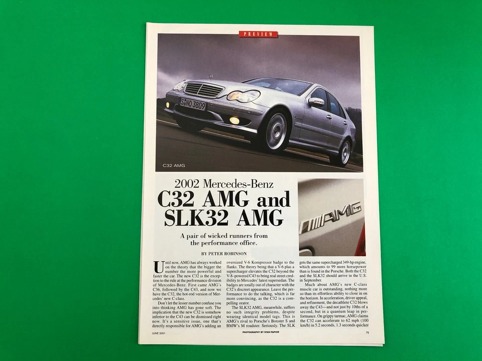 2002 MERCEDES BENZ C32 CLK32 AMG ORIGINAL PRINT AD 3 PAGE ROAD TEST PRINTED - Image 1 of 2