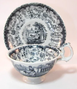 Antique Rustic Bean Handle Dark Blue White Transfer Ware Tea Cup & Saucer c1840s - Picture 1 of 14