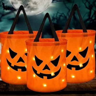 LED Light Up Halloween Pumpkin Candy Bag Trick Treat Tote Kids Party Bucket