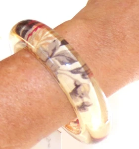 Sobral Atelie Tecido PML07 Floral Fabric Inclusion Artist Made Bangle Bracelet - Picture 1 of 6