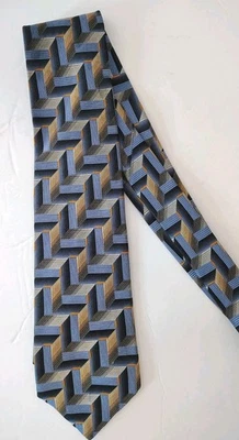 Corbata de hombre vintage usada hecha a mano XMI Nordstrom patrón azul/bronceado 100 % seda Foto 1 de 4