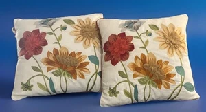 Pier 1 Floral Embroidered 18”Pillows Set Of 2 Off White With Red Yellow & Tan - Picture 1 of 16
