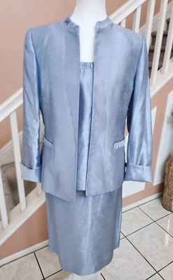 KASPER 3pc Blue Ruffle Trim Open Blazer Tank Straight Skirt Suit Sz 10 - L@@K! - Image 1 of 4
