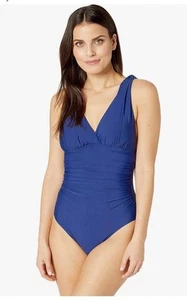 Athena Solid Over The Shoulder Surplice One Piece Swimsuit, Navy, Women's 10 - Picture 1 of 2