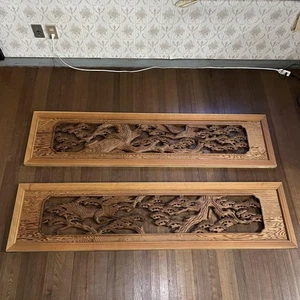 Lot 2 Wood Sculpture RANMA Pine & crane design Japanese house decoration Retro - Picture 1 of 20