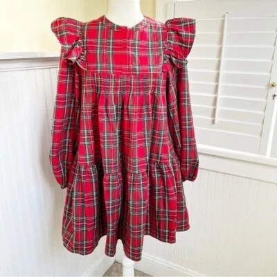Aura Red Tartan Plaid Long Sleeve Ruffle Shoulders Babydoll Dress Size XS NEW - Image 1 of 4