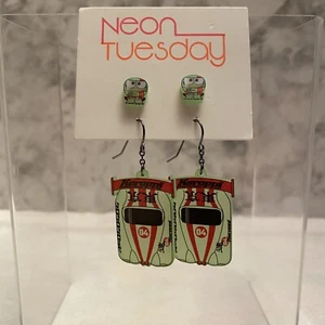 Sanrio Keroppi Racing Earring Set Race Car neon Green Stud Dangle - Picture 1 of 4