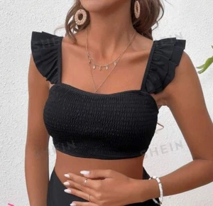 NEW SHEIN Ruffle Strap Wrap Bandeau Bikini Black TOP only - XL (12) - Picture 1 of 5