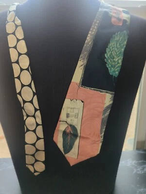 HUBERT MILANO Black White Polka Dot Leaf Print Silk HANDMADE ITALY 4" EX COND - Image 1 of 4