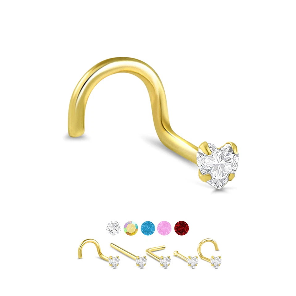 Anillo con pasador de nariz de oro amarillo sólido de 14K corazón de 3 mm circonita cúbica 18G 20G 22G Foto 1 de 1