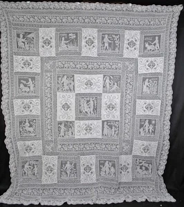 Antique Italian Tablecloth,  Four Seasons and Monthly Filet Figurals, 92" x 82” - Picture 1 of 19