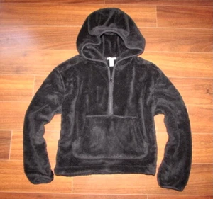FOREVER 21 ~ Medium ~ Black Faux Sherpa TEDDYBEAR 1/2 Zip Pullover Hoodie a32 - Picture 1 of 4