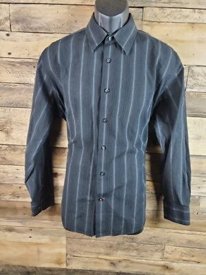 Camisa Nyne Abotonada Negra Hombre Rayas Pecho Grande 46" Largo 28.5" Foto 1 de 4