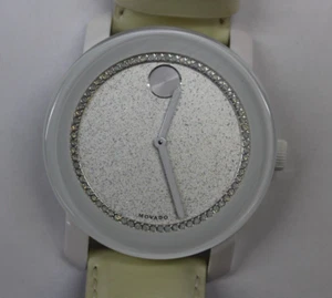 Movado Bold Grey Glitter Dial Unisex Watch White Leather Band 3600230(needs batt - Picture 1 of 20