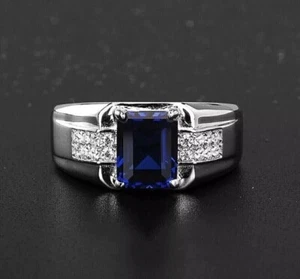 3 Ct Emerald Cut Lab Created Sapphire Men's Wedding Ring 14K White Gold Plated - Picture 1 of 6