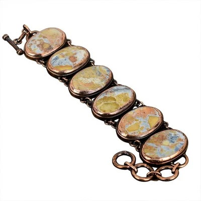 Pulsera Cadena Electroformada Hermana Piedras Preciosas Jaspe Maligano Boho Joyería Cobre Foto 1 de 4