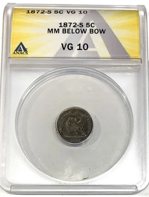 1872 S  seated liberty half dime  ANACS slabbed VG-10 - Image 1 of 4