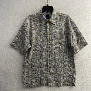 Haupt Mens Button Shirt Blue Yellow Stripe Medium Rayon Short Sleeve Collar - Picture 1 of 8