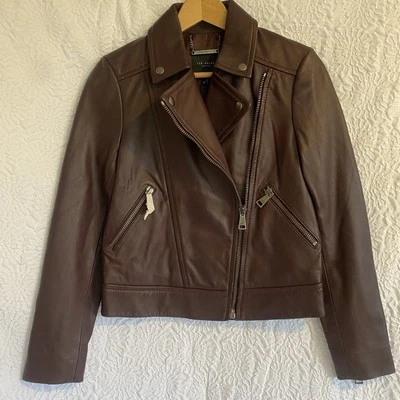 TED BAKER BIKER JACKET AUBERGINE/PLUM LEATHER ,LIZIA ,UK-6 (TED SIZE 0) RRP €425 - Image 1 of 4