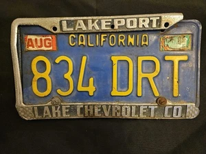 Vintage 1970s California Blue License Personalized Plate 834 DRT Yellow Letters - Picture 1 of 8